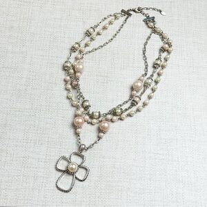 Cezanne Silver Tone Faux Pearl Triple Layer Necklace with Cross Pendant